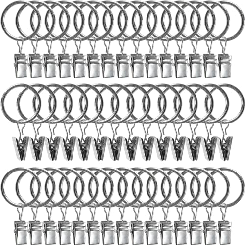 Image of AMZSEVEN 44 Pack Metal Curtain Rings with Clips, Drapery Clips with Rings, Drapes Rings 1 inch Inner Diameter, Fits Diameter 5/8 inch Curtain Rods, Silver