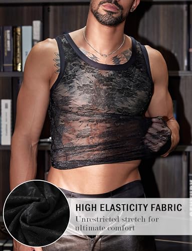 SEAUR Men's Lace Tank Top Sexy Sleeveless Sheer T Shirt Crew Neck Vest See Through Floral Nightclub Party Undershirt3