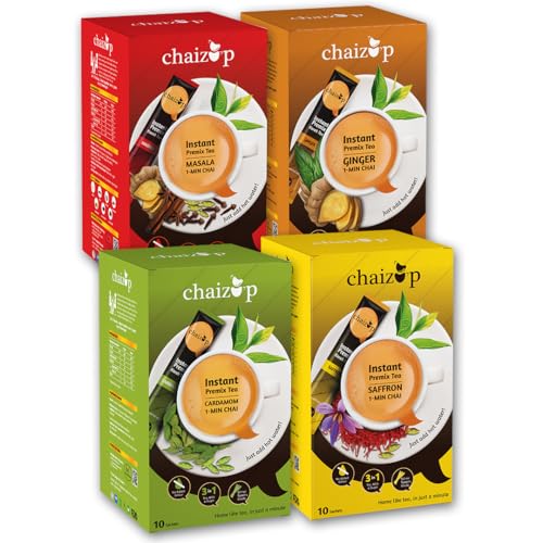Image of Instant Cardamom, Ginger, Saffron and Masala Premix Tea - Karak Ready to Drink Chai with, Aromatic and Flavored Tea, Masala Tea Powder, Pack of 4 X 10 Sachets