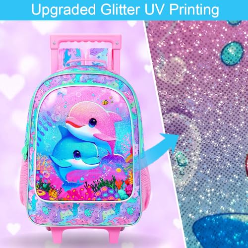 UFNDC 4PCS Girls Rolling Bookbag, Cute Kids Dolphin Wheeled Backpack，Roller School Bag with Wheels for Elementary Preschool Travel3