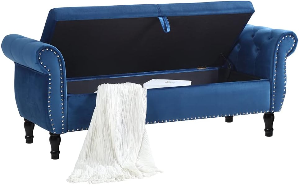 P PURLOVE Foot of Bed Storage Bench 63" Velvet Rectangular Storage Ottoman Sofa Stool Bench Buttons Tufted Window Benches with Nailhead Trimmed and Pillow for Bedroom,Living Room