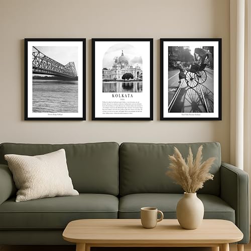 Image of PAINTINGMANTRA Wall Art for Home A3 Kolkata Wall Art Prints Pack of 3 Framed Wall Decor Featuring Heritage Landmarks, Architectural Photography Wall Art for Living Room, Bedroom, Office (32x44 cm)