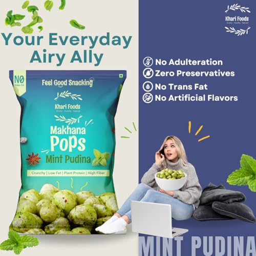 Image of Khari Foods Premium Flavoured Makhana 25g, Crunchy & Roasted Makhana Pops, Protein Source, Fibre Rich, No Palm Oil, Gluten Free (Mint Pudina Pack 4)