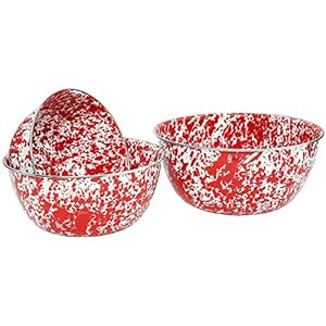 Crow Canyon Enamelware – 3 Piece Mixing Bowl Set – Red on White Marble