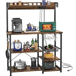 Topfurny Bakers Rack with Power Outlet, Microwave Stand, Kitchen Storage Shelf with Wire Basket, Coffee Bar Station with Wine Glass Holder, Kitchen Rack for Spices, Pots, and Pans, Rustic Brown