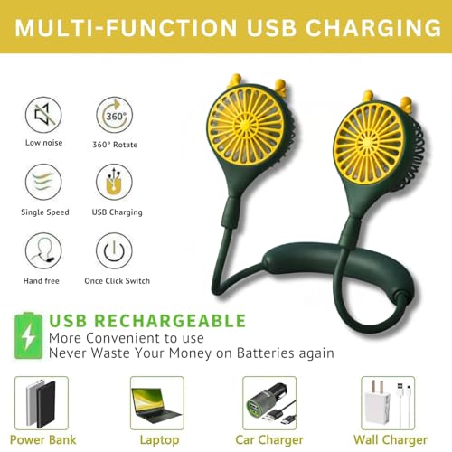 Image of One94Store Rechargeable Neck Fan (Green) | 1200mAh Battery, USB Powered Hands-Free Hanging Fan | Single Speed Dual Fan | Portable Personal Cooling Fan for Travel, Office & Outdoor Use