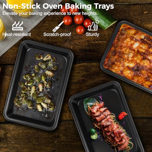 3 PCS Non-Stick Oven Baking Trays, Carbon Steel Roasting Trays, 3-Sized Deep Baking Pan Set, Stackable Home Kitchen Baking Pans, Non- Stick Bakeware Set for Meat, Bread, Cookies - Image 3
