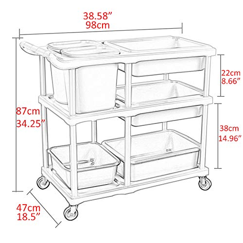 ZXD Service/Utility/Push Cart, 3 Shelves Utility cart 200 lbs Capacity, with 6 Multifunctional Buckets for Foodservice/Restaurant/Cleaning