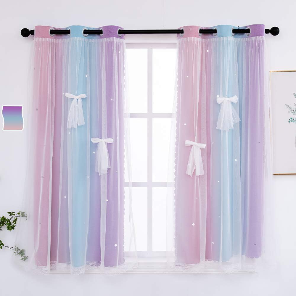 Yancorp Curtains for Girls Bedroom Kids Curtain Baby Nursery Hollow-Out Star Window Curtain 63 inches Length Room Darkening Grommet 2 Layers(Pink Purple Green, W34 X L63)-image-14