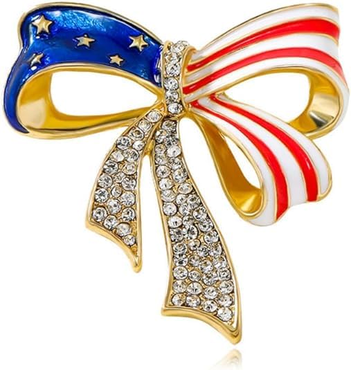 Image of Rhinestone Bowknot USA Flag MAGA Brooch Pin for Women Gold Plated Fashion Crystal Star Blue Red American Patriotic Medal Brooches Dress Accessories Independence MAGA Presidential Election Day