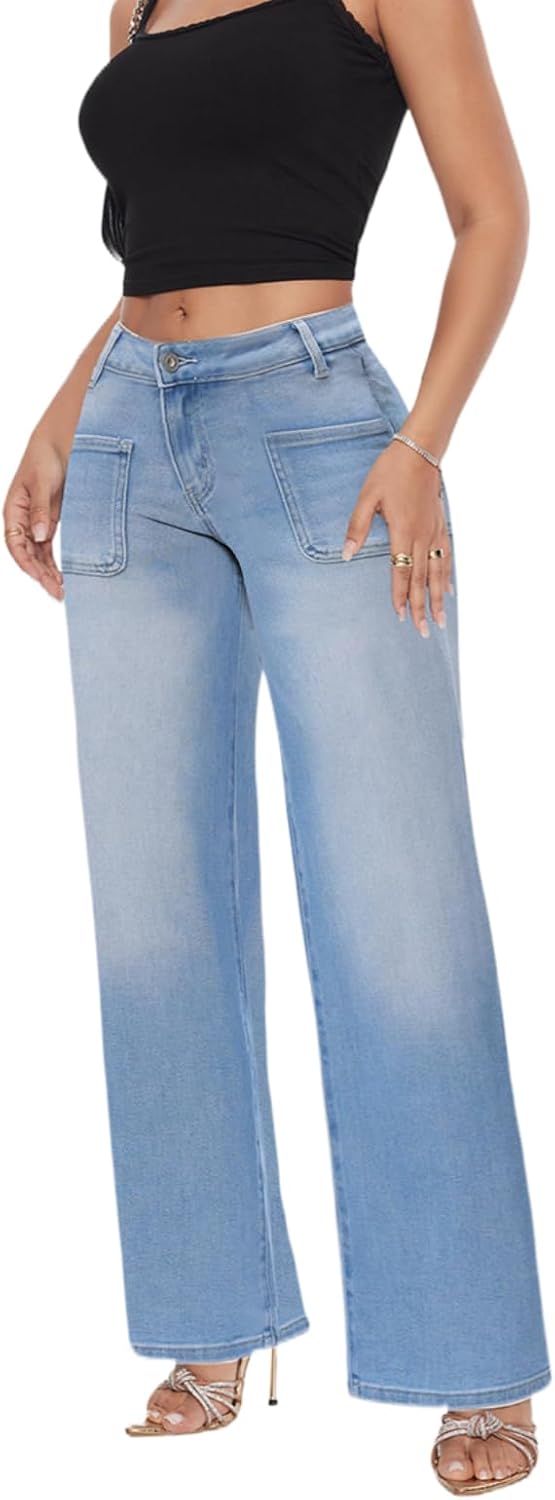 ONESO Mid-Low Rise Baggy Jeans Wide Leg for Women Distressed Pants Stretchy Bottom Lady Basic Comfortable Denim