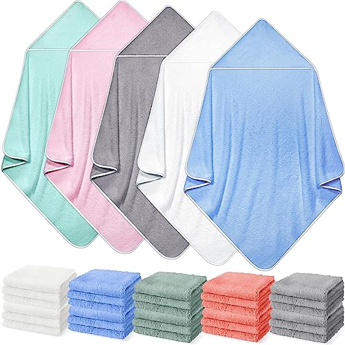 Image of Buryeah 5 Pcs Baby Bath Towel and 15 Count Baby Washcloths Sets, Hooded Towels for Newborns Infants and Toddlers Soft Coral Fleece Toddler for Newborn Boy Girl(Colorful)