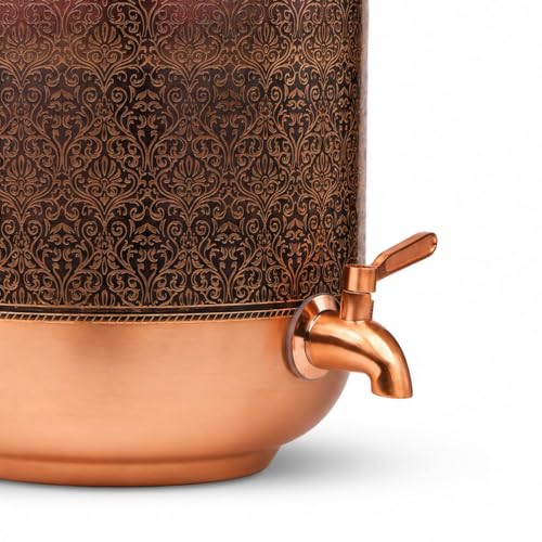 Image of Artarium Pure Copper Water Dispenser 8 Litre with Tap, Handcrafted Etched Hammered Matka Copper Water Storage Container, Ayurvedic Water Dispenser for Home, Kitchen, Office & Dining
