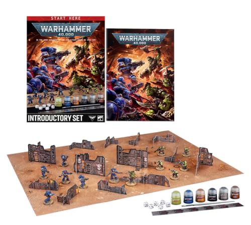 Warhammer 40,000 Introductory Set – Space Marines vs Orks Starter Game with 12 Push-Fit Miniatures, Paints, Gaming Mat & Terrain