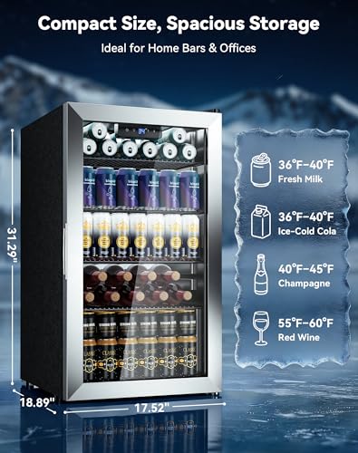 Image of Tehanld 130 Can Beverage Refrigerator, 3.1 Cu.ft Mini Fridge with Glass Door for Drink, Beer, LED Light, 34-64℉, Adjustable Removable Shelves, Beverage Fridge for Bedroom, Office, Bar-Silver