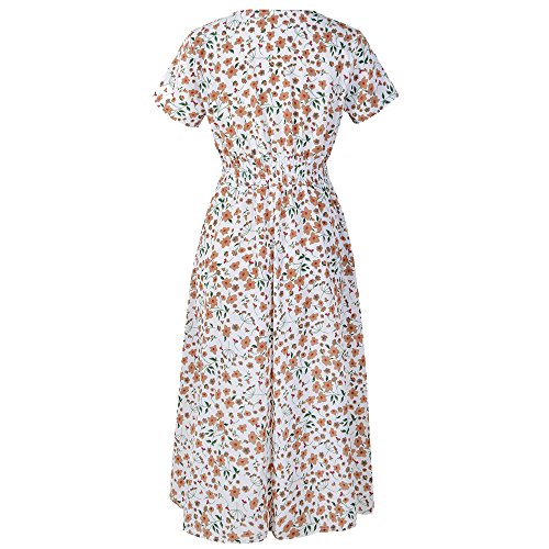 Fankle Women's Summer Dress Casual Chiffon Floral Print V-Neck Short Sleeve High Waist Beach Midi Dress Holiday Sundress