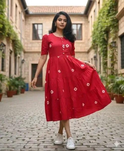 Image of Women's Red Cotton Midi Dress with White Diamond Print | Button-Front, Short Sleeves & Tiered Flare Design for Women Stylish |Dress One Piece Dress for Women