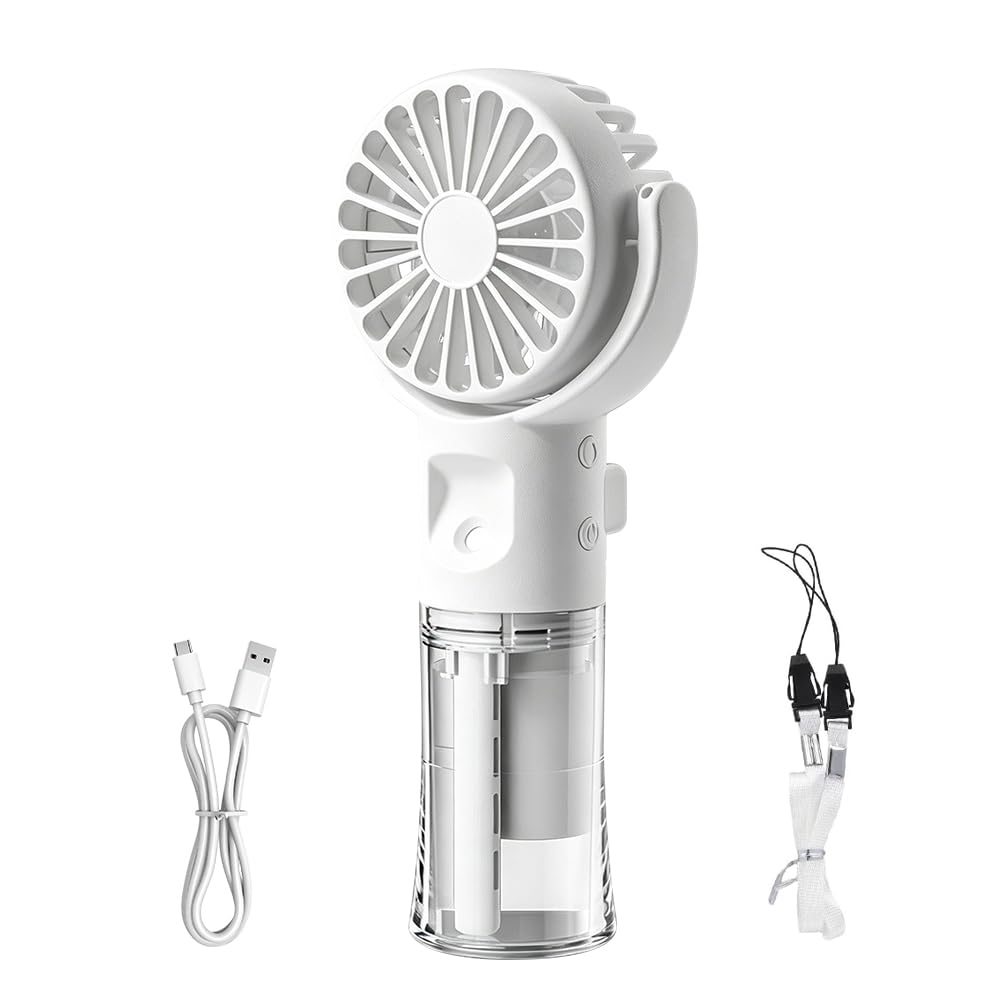 Mini Handheld Fan, Portable Misting Fan with Water Mist Spray - Ultra Quite, Lightweight USB Rechargeable Fan with 4 Speeds, Up to 10H, Outdoor Travel Essentials, HandFan for Travel Camping (White)