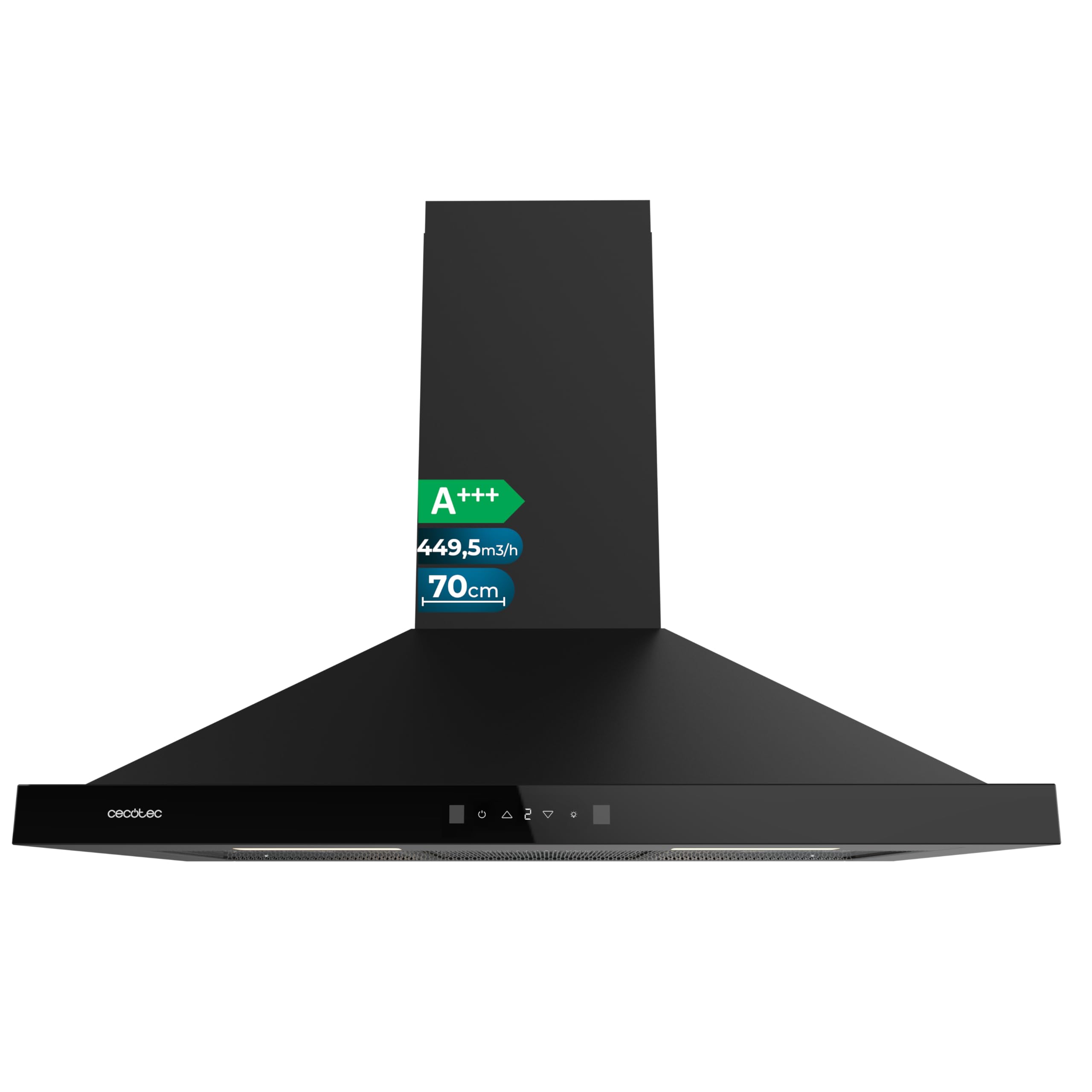 Cecotec Hotte Aspirante Pyramidale 70 cm Bolero Flux PT 704400 Black A+++. Verre Frontal Noir, Aspiration 449,5 m³/h, Commande Tactile Invisible, Fonction Booster, Filtres Lavables, Classe A+++