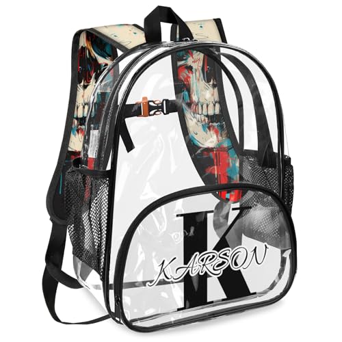 Personalized Small Clear Backpack Stadium Approved Heavy Duty PVC Plastic Custom Gothic Skull Transparent Backpacks See Through Bag with Name, Spooky Skeleton Bone2
