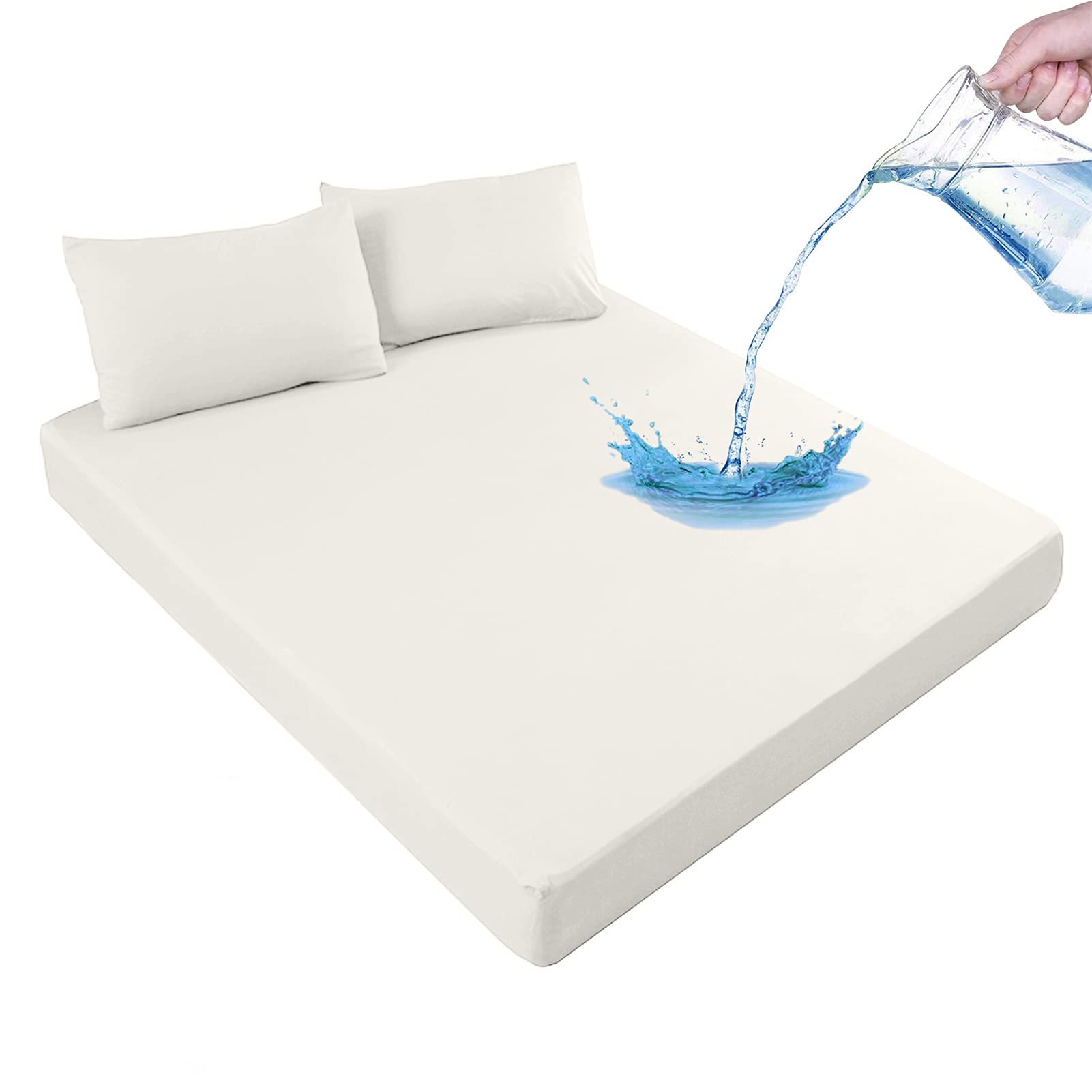 Waterproof Mattress Protector Fitted Mattress Cover Breathable Mattress Protection Washable Bed Cover (Beige,90cmX200cmX30cm)