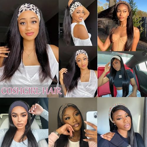 Image of Headband Wig Human Hair Straight Glueless None Lace Front Wig Machine Made Human Hair Wigs Brazilian Virgin Straight Hair Headband Half Wigs for Black Women Natural Color 16 Inch