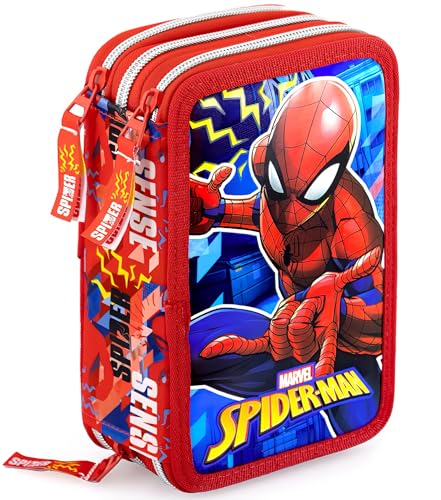 Clondo Estuche Triple Relleno para Niños, para Spiderman Fan, 45 Accesorios Escolares, Plumier 3 Cierres, Compartimentos Organizados, Lápices de Colores, Marcadores, Pegamento, Tijeras