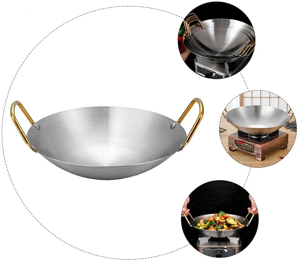 Padella per paella in acciaio inox spesso, forma rotonda, wok in stile cinese per casa, esterno, ristorante, 27,8 x 7,2 cm