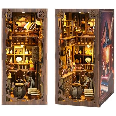 Book Nook Kit: DIY Dollhouse Miniature House Kit Booknook Kit, 3D Wooden Puzzle Bookshelf Insert Decoration Model Build Magic Doll House Gift Kit for Teens and Adults with LED Light Cover