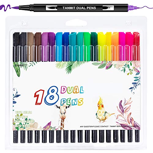 Tanmit Dual Tip Brush Pen Art Markers, Fine Point Markers & Calligraphy Brush Pens for Journaling, Sketching, Hand Lettering, Coloring Books, Art Suppliers (18 Colors)