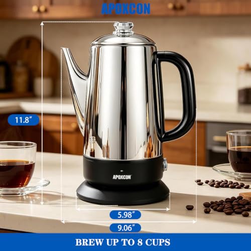 Image of APOXCON Electric Coffee Percolator, Stainless Steel, 1200ml, with Keep-Warm Function, Glass Knob, Cordless Serving - No Aluminum No Plastic Contact with Beverage (8 Cup)