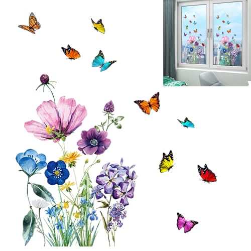 Stickers Fenêtre Printemps de Fleurs et Papillons, Autocollants Fenêtre Électrostatiques 27x45 cm, Stickers pour Verre Décoration Réutilisable, Anti -...