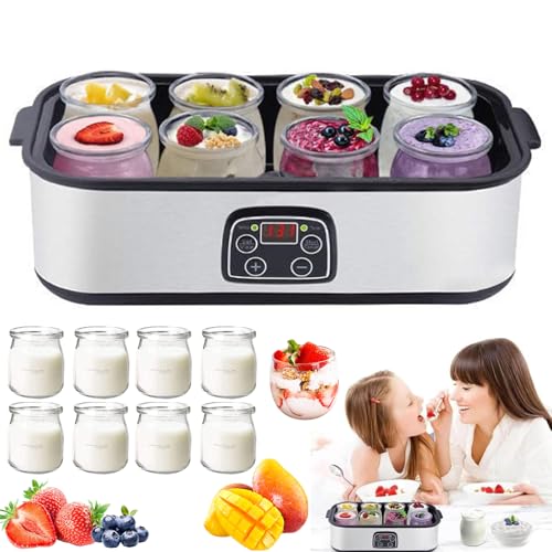 Yogurtera, Yogurtera Eléctrica 1.4L con 8 Vasos de Vidrio, Temperatura y Tiempo Ajustables, Fermentación a Temperatura Constante, Acero Inoxidable, Pantalla LED, Yogurteras Caseras