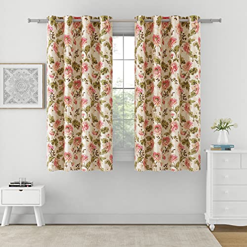 Image of Swayam 90% Blackout Polyester Window Curtain for Living Room & Bedroom | 5 Feet | Room Darkening Curtain with Eyelets | Pack of 2 | Floral Design - Beige & Green