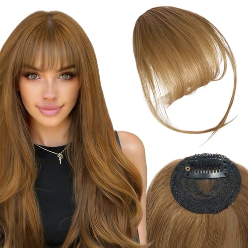 KEJOL Flequillo Postizo de Clip 100% Pelo Humano Natural, Flequillo Ligeramente Ralo con Patillas, Postizo de Pelo para Mujer, Castaño