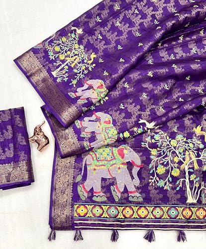 Image of Kalamkari Floral Prints Dola Silk Saree With Rich Zari Border Designer Pallu Attach Blouse Piece
