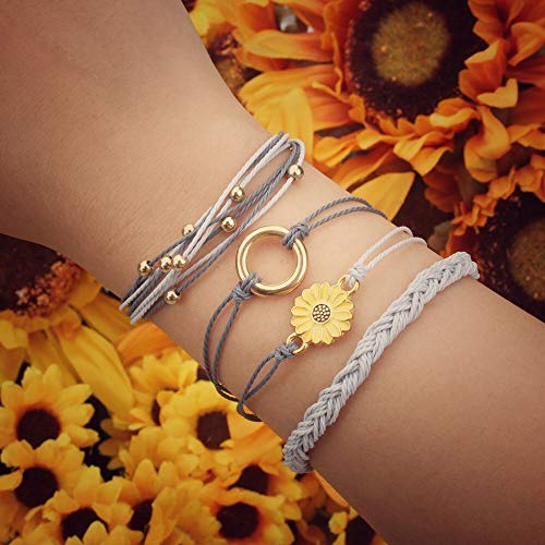 Image of Stackable Sunflower String Bracelets Cute Boho Braided Summer Beach Jewelry