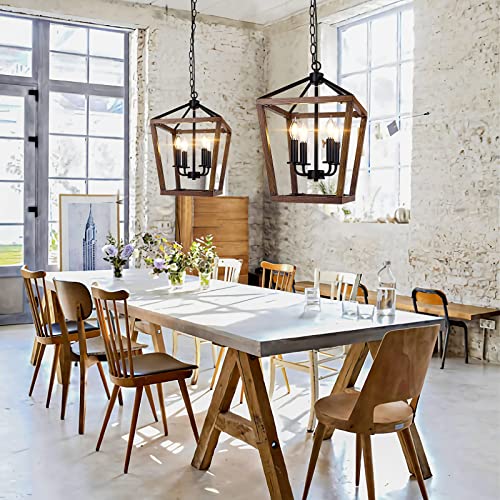Farmhouse Chandelier Light Fixture For Kitchen Dining Room, 4-Light Rustic Pendant Hanging Ceiling Light Height Adjustable In Oak Wood Finish, Cage Lantern Lighting With E12 Base For Hallway Foyer #TOP5