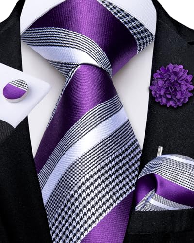 Image of DiBanGu Mens Zipper Tie Silk Pre-Tied Necktie with Gift Box | Jacquard Woven,Paisley Solid Plaid Pattern,6PCS with Pocket Square,Cufflinks and Lapel Pin,for Wedding Party Formal Business