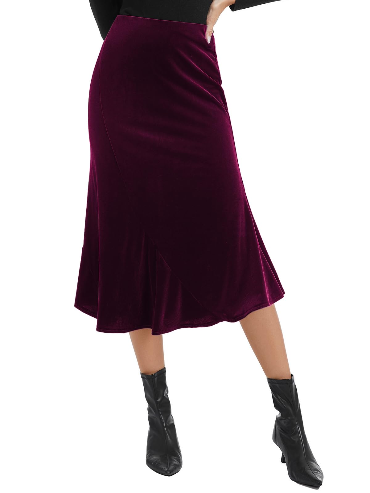 Womens Elegant Velvet Midi Skirt High Waist Asymmetric Flared Mermaid Hem