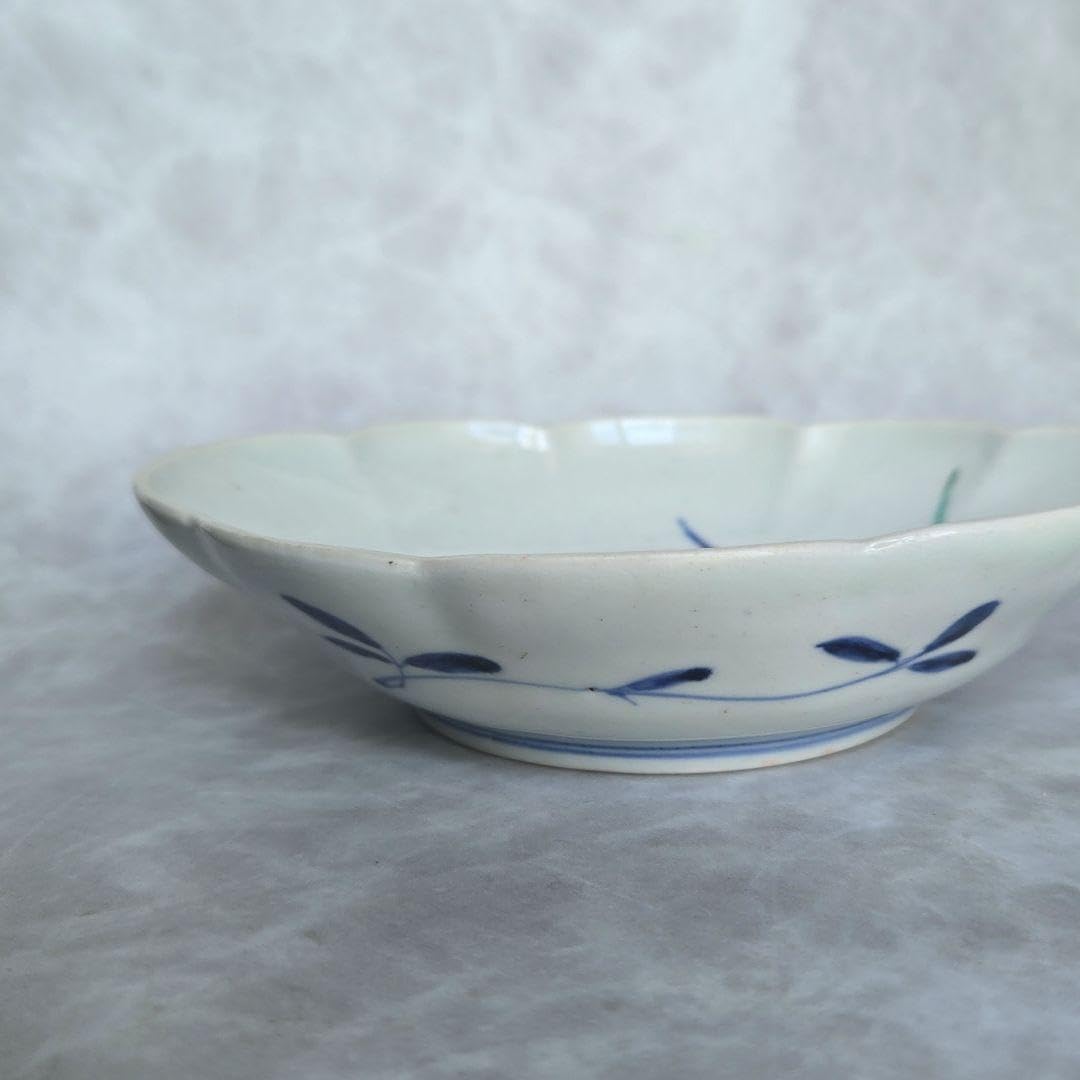 天井】古伊万里 色絵 染付 変形皿 江戸時代 骨董 菖蒲 金直し 金継ぎ