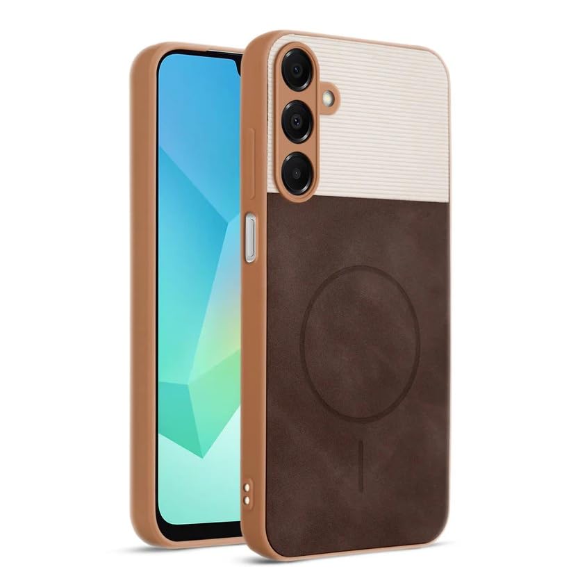 Image of Bintage CASE Mac Safe Design Hard Light Weight Back Case | Soft Border Camera Protect | Dual PU Leather Finish Back Cover Compatible for Samsung Galaxy F15 5G - White & Cherry Brown