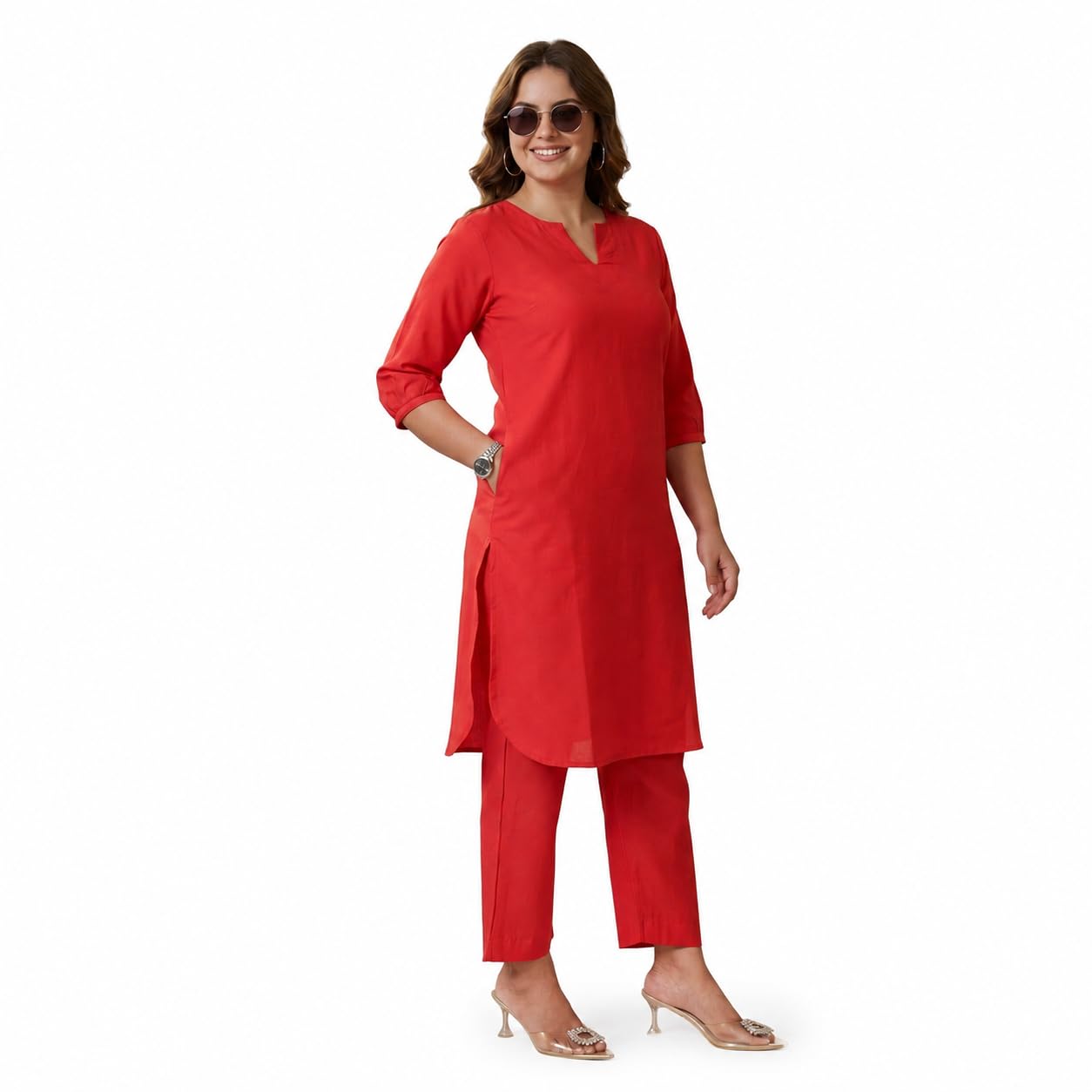 Women Solid Red Kurta Pant Set for Women | Straight Fit 3/4 Sleeve Kurti with Pants Co-Ord Set | Casual Ethnic Wear Kurta Set for Daily Wear, Office, Festive-image-48