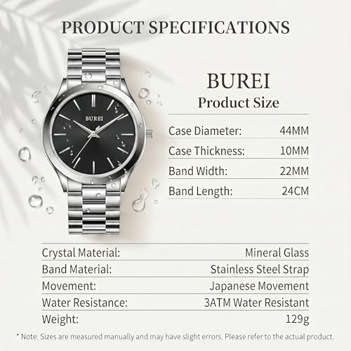 Image of BUREI Men's Wrist Watch, Analog Stainless Steel Dress Waterproof Quartz Watch for Men with Japanese Movement,Refined Gifts for Men, Boyfriend, Husband, Dad