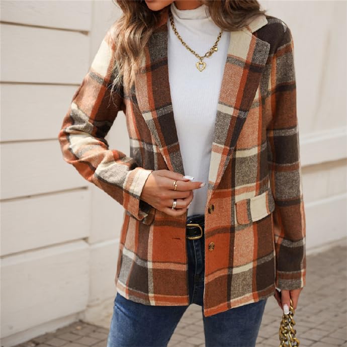 Womens Plaid Wool Blend Business Jacket Notched Lapel Blazer Dressy Casual Lightweight Pea Coat Button Up Jackets Office Wear2