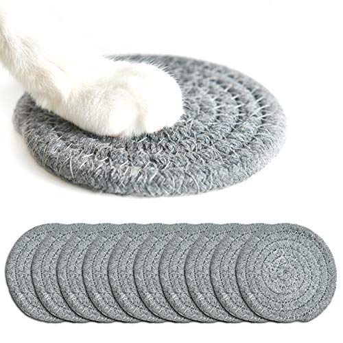 ZKZNsmart 10pcs Round Cotton Coaster, Beverage Straw pad, Hand-Woven Cotton Coaster, Non-Slip Insulation Tripod , Coffee Cup Charger(4 inches, Gray)