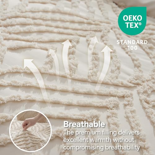 Image of BEDELITE Queen Comforter Set - Tufted Boho Bedding Set, Beige Boho Comforter, Soft Lightweight Comforter Queen, 3 Pieces Farmhouse Jacquard Bed Set for All Seasons