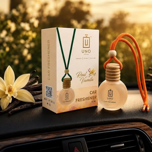 Image of UNO AROMA Vanilla Car Air Freshener, 15ml, Long Lasting Hanging car perfume, Toxin-Free Oil in Glass Bottle with Wooden Diffuser, Car Accessories for fresh aroma, Last Upto-60 Days