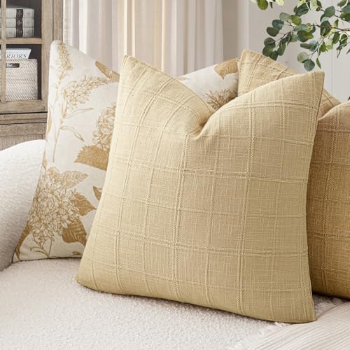 Image of Foindtower Set of 1 Decorative Linen Check Throw Pillow Cover Neutral Farmhouse Vintage Cushion Cover Modern Boho Accent Home Decor for Sofa Chair Couch Bedroom Living Room,20x20 Inch,Light Yellow