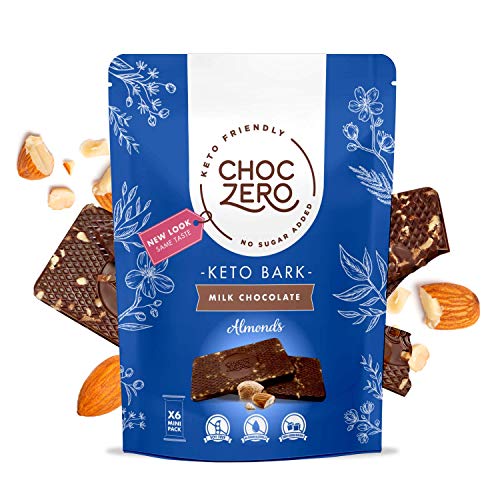 ChocZero's Keto Bark, Milk Chocolate Almonds, 100% Stone-Ground, No Added Sugar, Low Carb, No Sugar Alcohols, Non-GMO (6 bars)